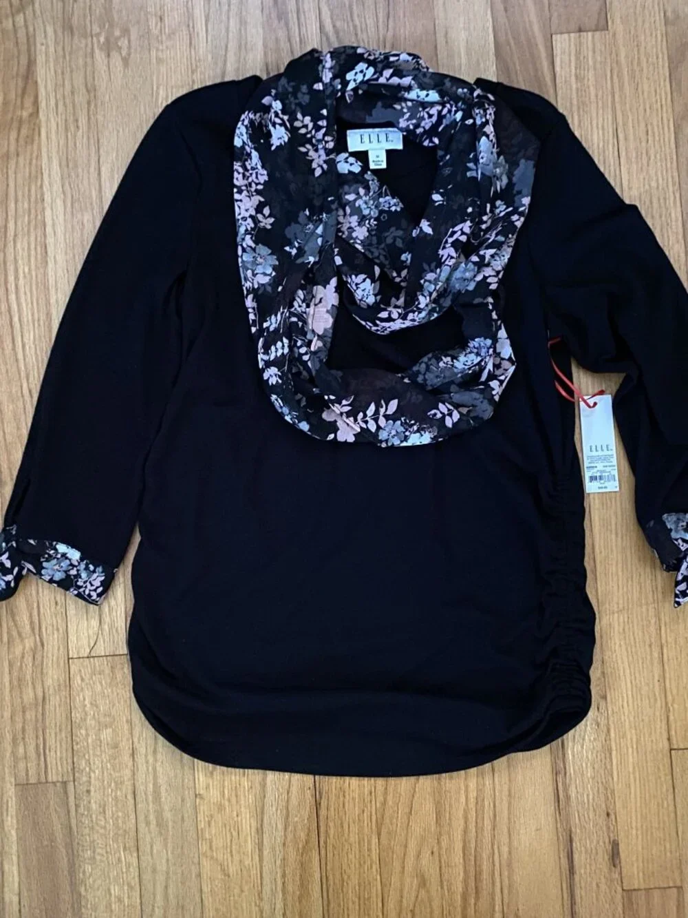 NWT Elle Black Top with Removable Floral Scarf